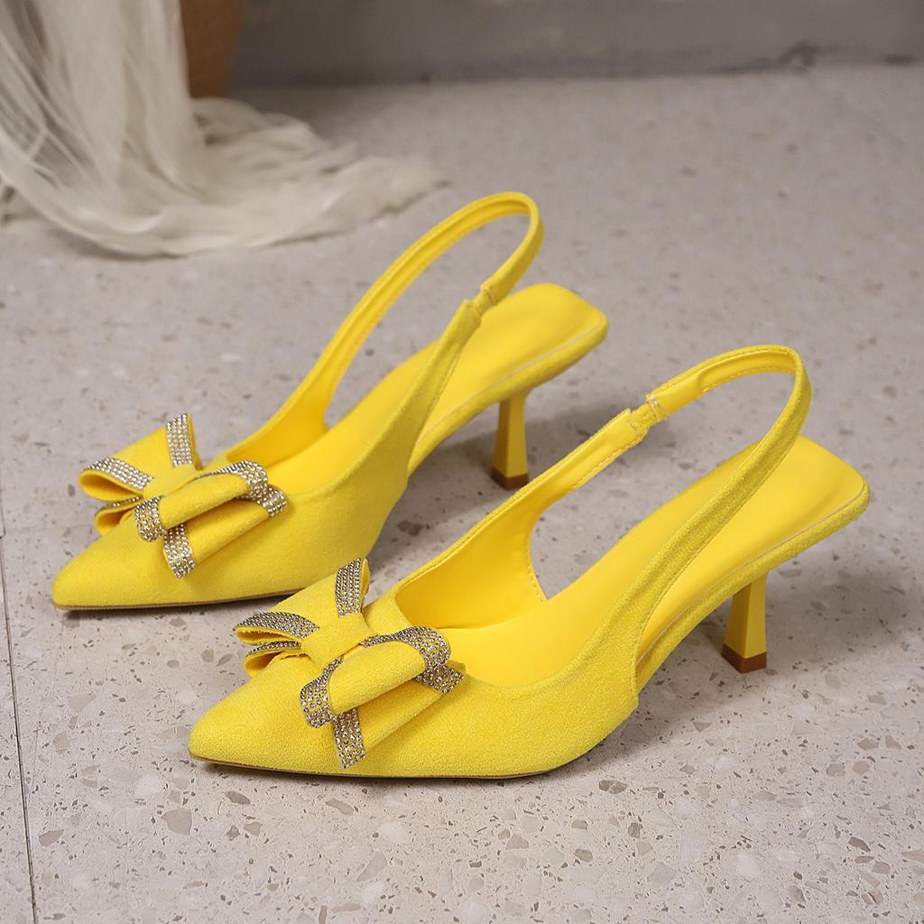 Fashion Baotou Trip Strap Pointed Toe Fashion Stiletto Sandals Pointed Toe Shallow Mouth Temperament Crystal Bow Heels