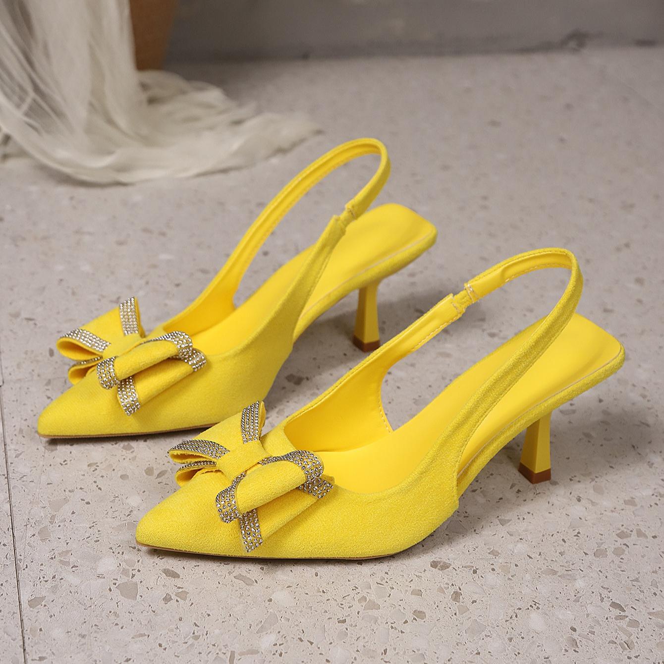 

Модные сандалии-стилетто с острым носком, ремешком на подъеме, с кристальным бантом 43 жёлтый