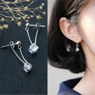 925 Ayar Gümüş Piercing Püskül Kristal Kare Saplama Küpe Kadın Kızlar Düğün Parti Femme Takı Pendientes Eh1319