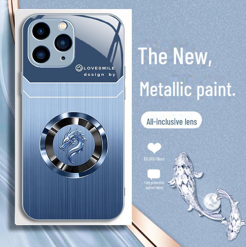 Luxuriöse Ringhülle mit Drachenkopf und Holzmaserung für iPhone 12 Pro, 11, XR, XS, 8, 7. Trendiges Nationaldesign mit doppelten Linienakzenten.