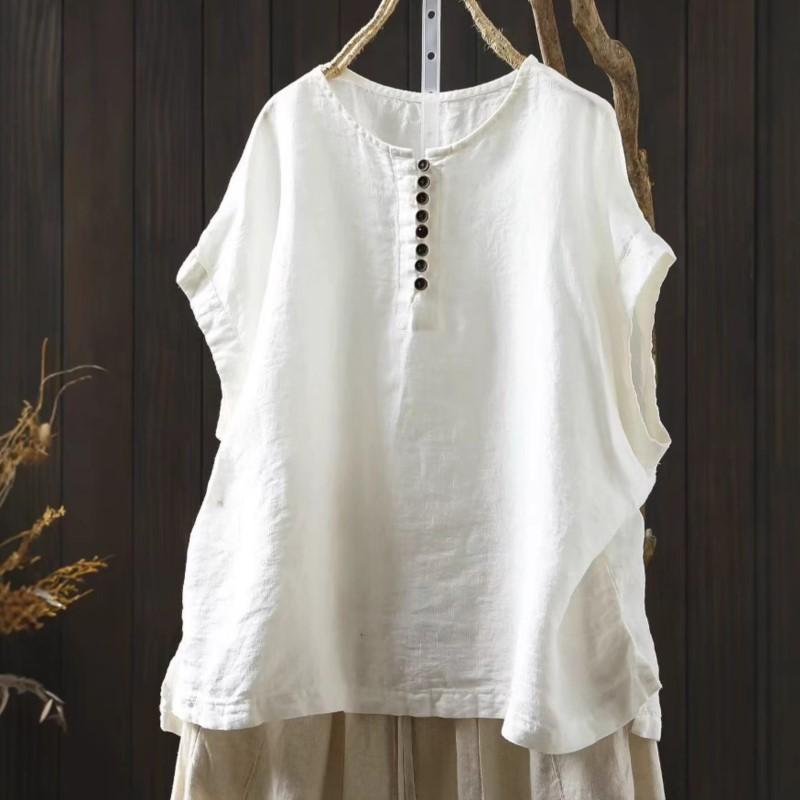 Johnature Women Vintage Button T-Shirts Solid Color O-Neck Sleeveless Summer Loose Button Female T-Shirts