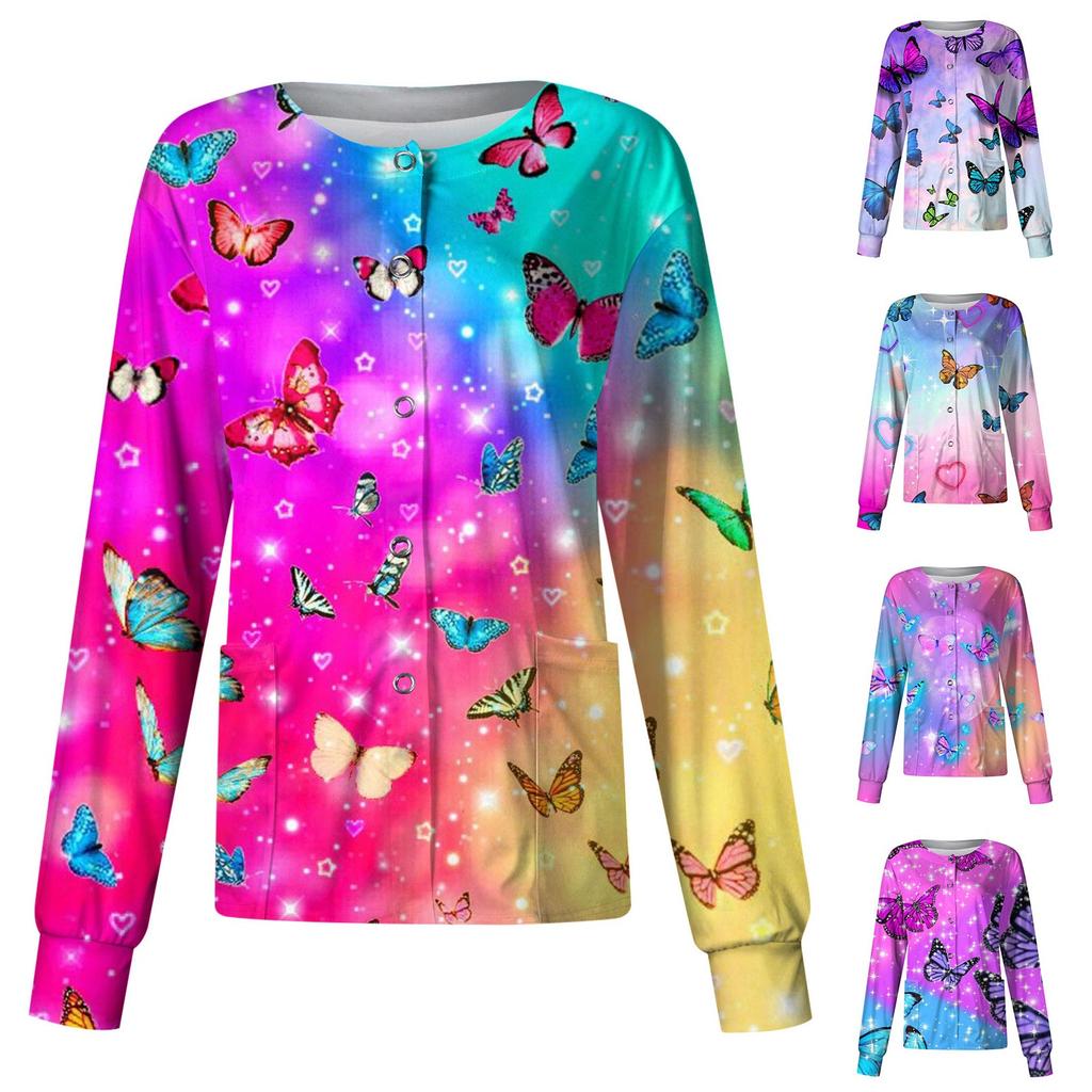 Women Long Sleeve  Print Pattern Pocket Working Stand-up Collar Single-breasted Protective Overalls Cardigan Jacket Top