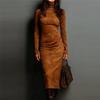 Women Elegant Slim Fit Long Sleeve Party Dress Autumn Patchwork Vintage Simple Maxi Dress Turtleneck Casual Ladies Dress