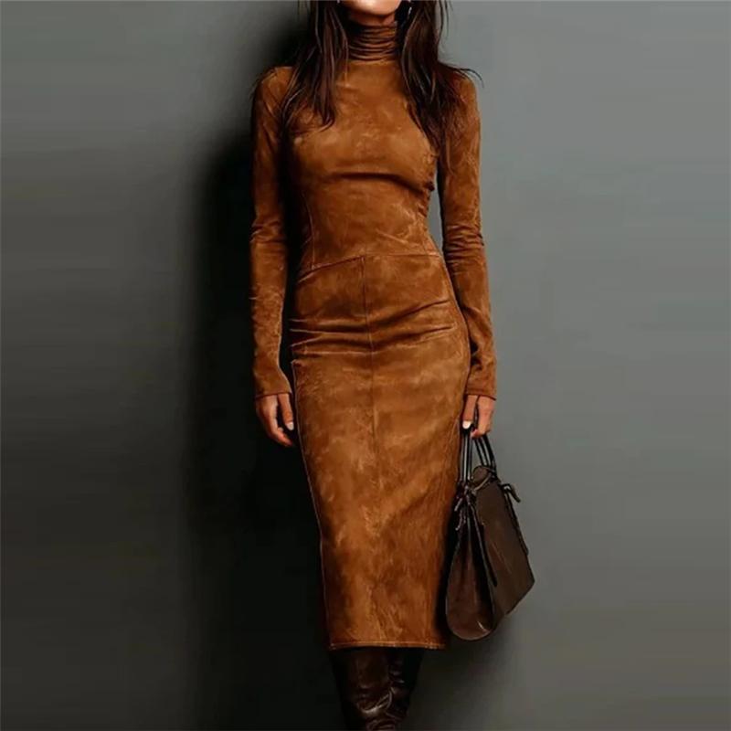 Women Elegant Slim Fit Long Sleeve Party Dress Autumn Patchwork Vintage Simple Maxi Dress Turtleneck Casual Ladies Dress