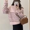 New Loose Casual Knitted Pullover Striped Women Sweater Autumn/Winter Half Zipper Fashion Korean Long Sleeve Short Top Office Knitwear Simple Clothing
