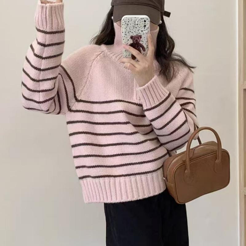 New Loose Casual Knitted Pullover Striped Women Sweater Autumn/Winter Half Zipper Fashion Korean Long Sleeve Short Top Office Knitwear Simple Clothing