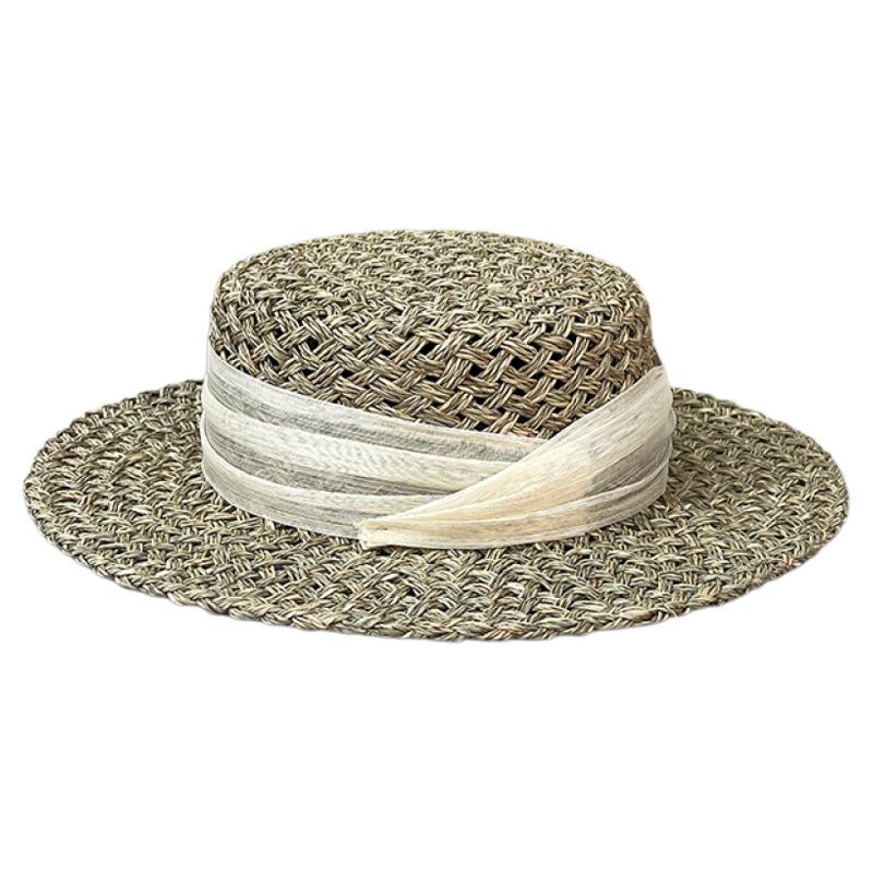 French Vacation Straw Hat Women'S Spring Summer Silk Coke Hemp Wide Brim Sun Hat Hollow Flat Top Salty Straw Top Hat Light Luxury