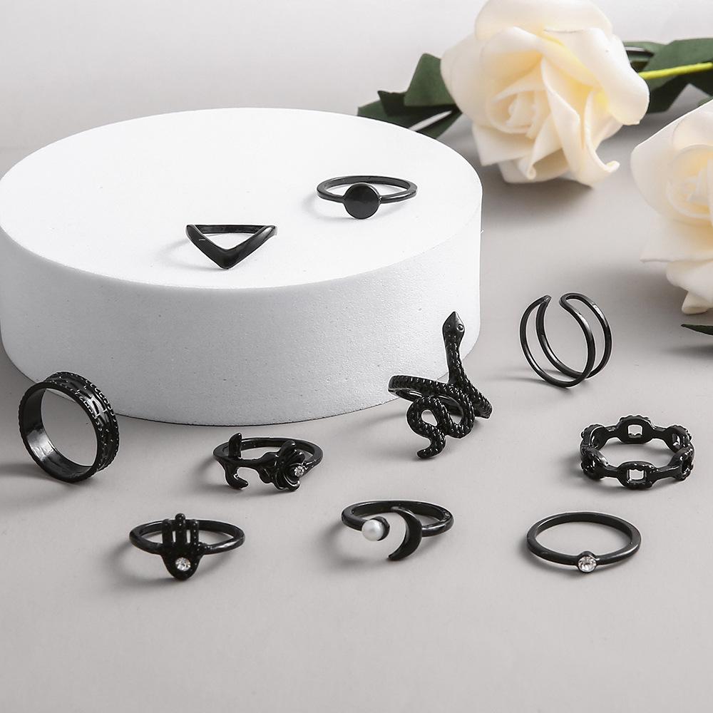 10-teiliges Exotisches Schlangenförmiges Perlen- & Roségoldenes Ring-Set mit Mikro-Eingesetzten Diamanten für Damen