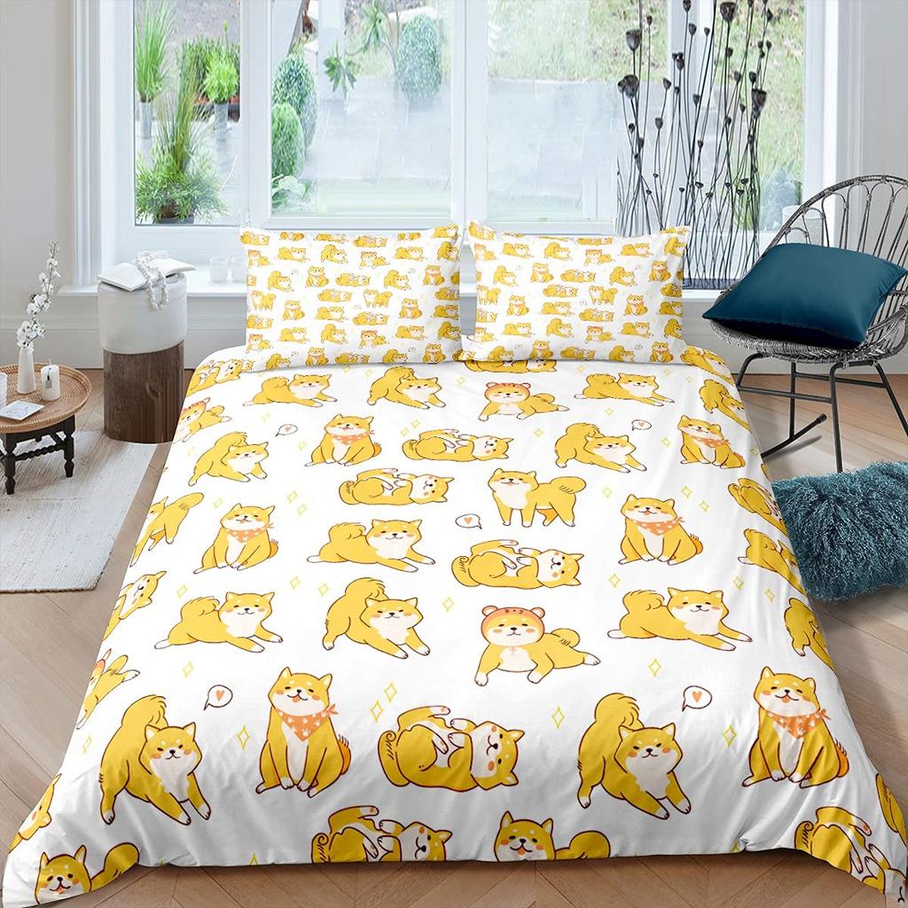 Kawaii Dog Duvet Cover Set Cute Dog Animal Bedding Set For Kids Cartoon Puppy Pug Comforter Covers 1 Quilt Cover 2 Pillowcases