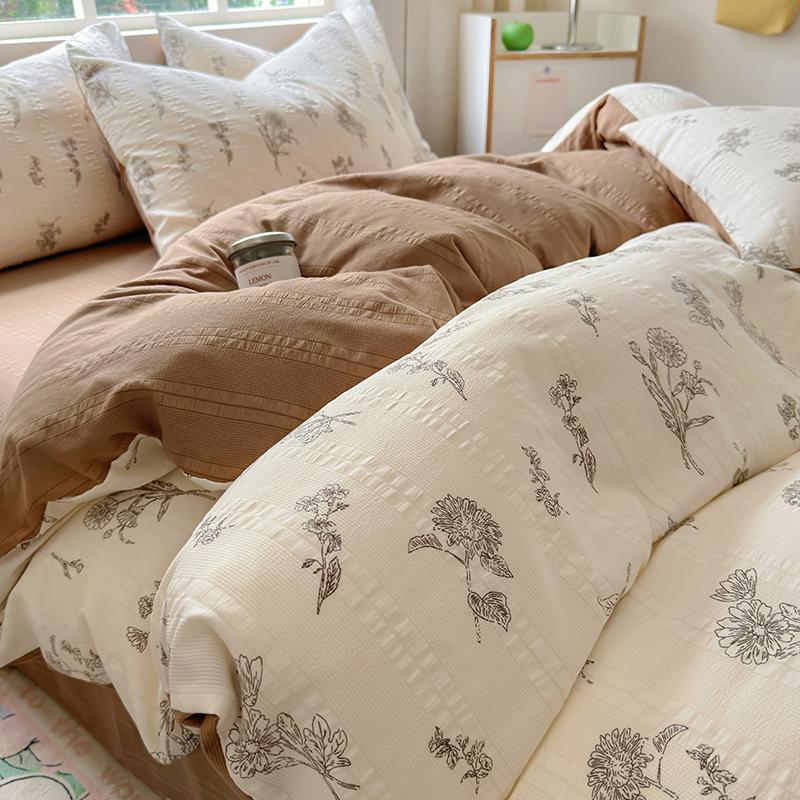 Floral Print French Style Bedding Set Bubble Cotton Duvet Cover Set Washed Cotton Flat Sheet Set Queen For Girl Decor Home