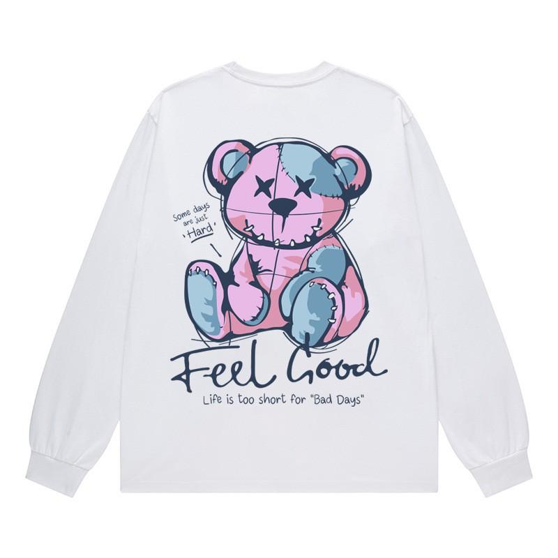 Long Sleeve T Shirt Cartoon Bear Couple Casual Hip Hop Round Neck 230g Cotton Top