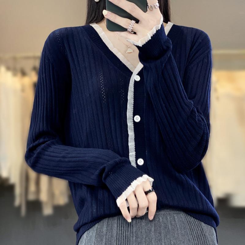 

Женский свитер с V-образным вырезом из камвольной шерсти с кружевом для весны и осени, ажурный, свободный, универсальный, модный свитер-топ XL