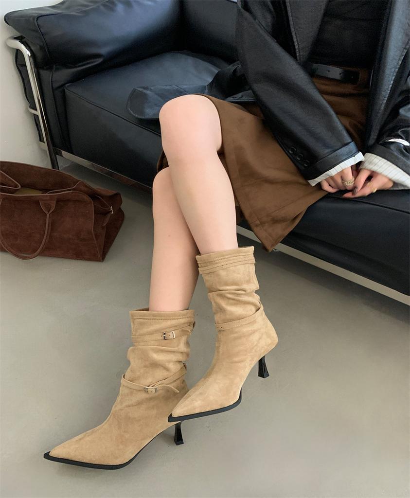 Fashion Fine Boots 2025 Autumn and Winter Thin Strap Pointed Suede Thin Heel High Boots But Knee High Heel Boots Women's Shoes