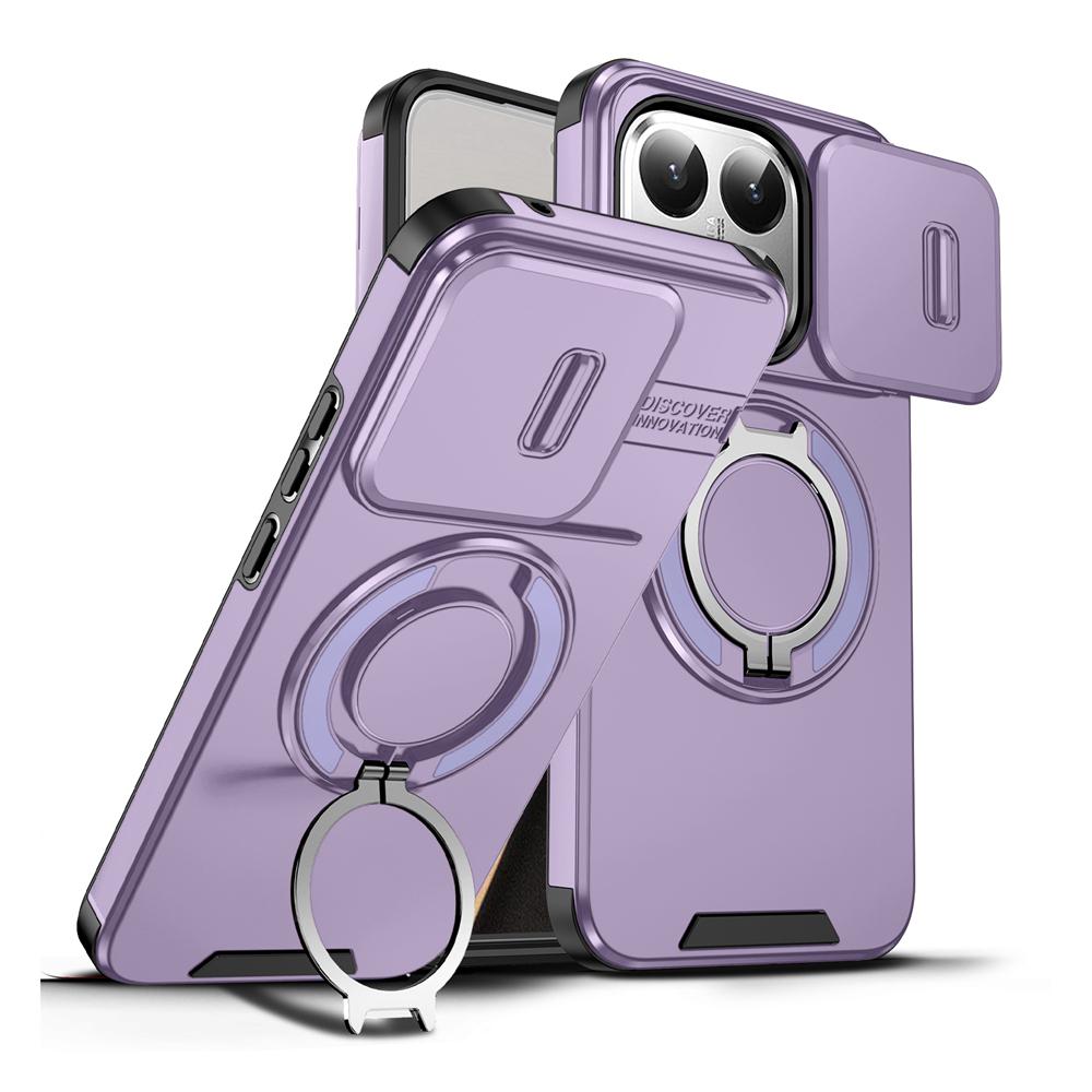 KEYSION 360° Rotating Ring Stand Phone Case for Xiaomi 15T 15T Pro Silicone+PC Slide Camera Protection Magnetic Shockproof Cover