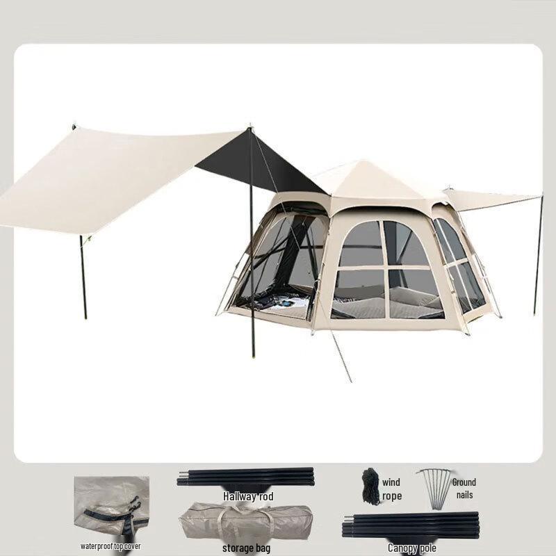 OEING Outdoor 2-in-1 Hexagonal Camping Tent with Sunshade Large 5-8 Person (80x240x155CM)