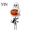 Decorative Soil Insert Signs Halloween Ghost Candy Bowl Garden Stake, 2D Flat Pumpkin Holder with Cat Decor And Bats, Trick or Treat Yard Art