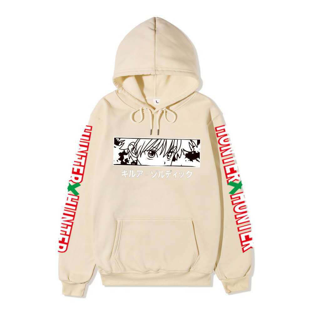 Hunter X Hunter Killua Anime Hoodie Sleeve Letter Print Black Manga Long Sleeve Casual Hooded Pullover Sweatshirt