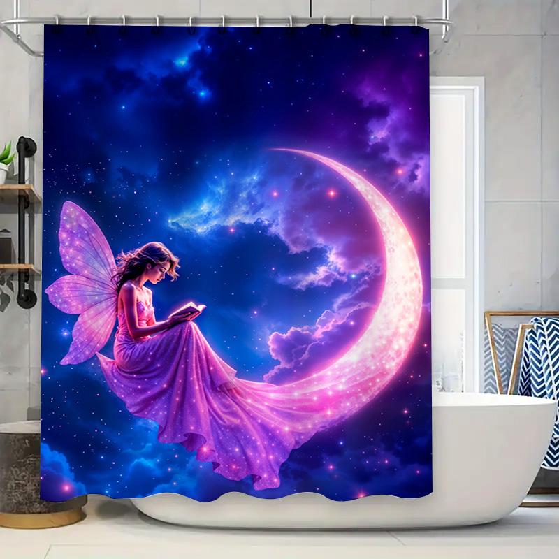 

Fantasy Moon Fairy Bath Curtain Shower Fabric Purple Pink Galaxy Space Design Decorative Waterproof Bath Mat Accessories For Bat W60H190(CM)-1 Pcs
