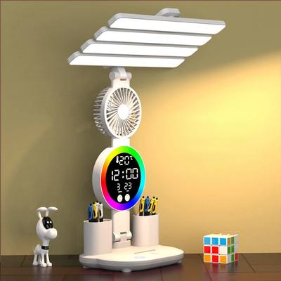 Dobíjecí stolní lampa na studium, Stolní lampa Světlo na čtení LED stolní světlo s ventilátorem, LED displej hodin Lampa na čtení