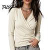 V-Neck Pleated Shirt Cross Long Sleeve Top for Women, Slim Fit Sexy Women Shirts Shirt, Fall Solid Color Casual Blouse Office Work Wear