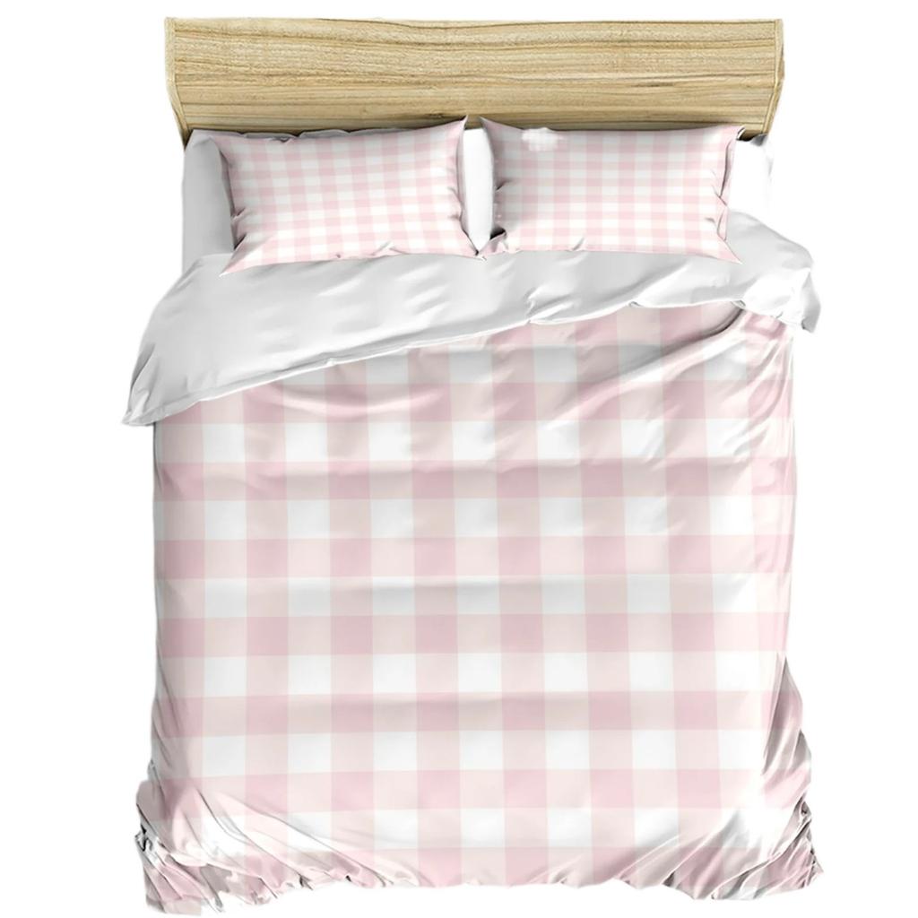 3pcs Bedding Set Pink Plaid Home Textile Duvet Cover Pillow Case Boy Kid Teen Girl Bedding Covers Set