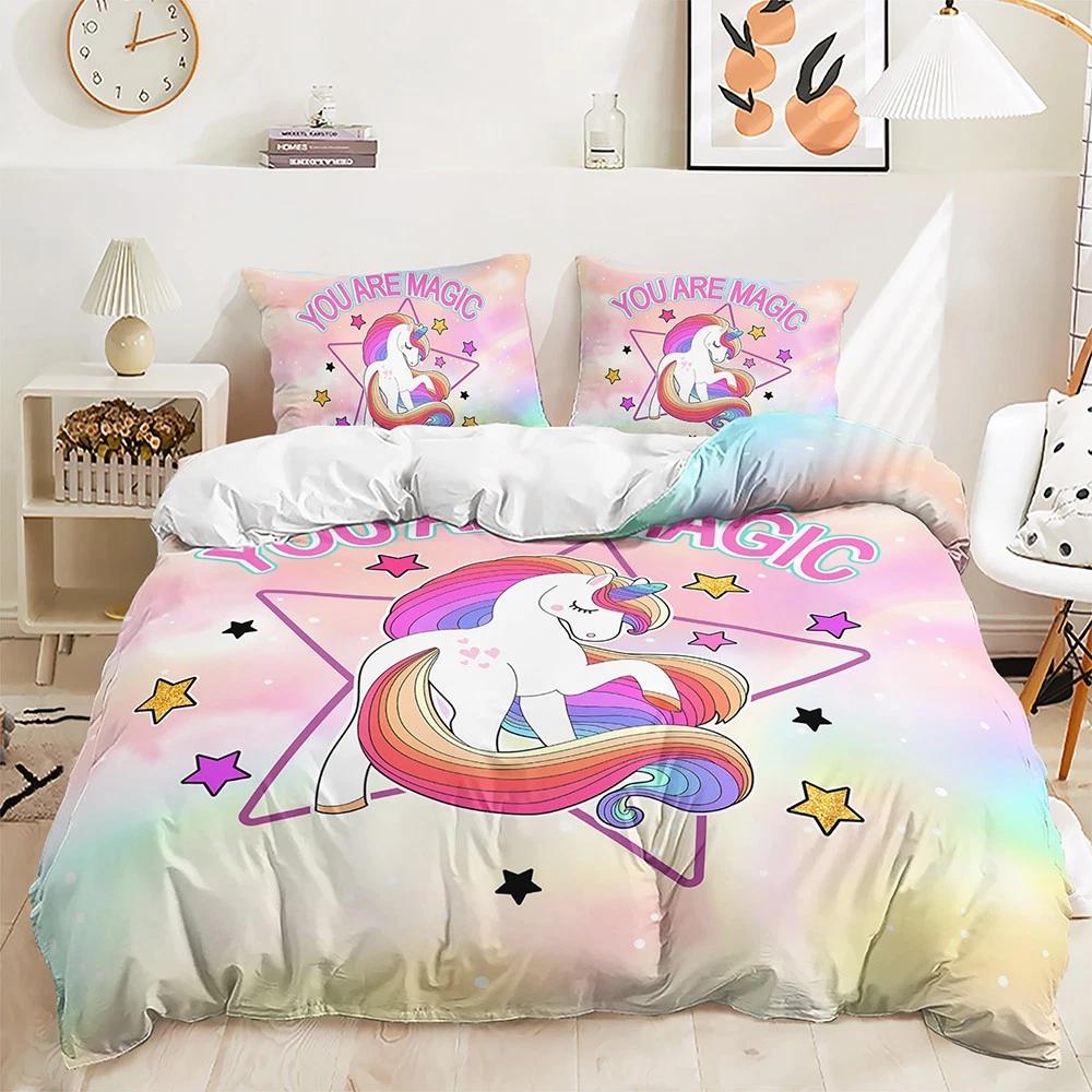 

Cartoon Unicorn Bedding Set Kid Girls Duvet Cover Queen King Double Duvet Cover Pillowcase 2/3 Gift Soft Bedroom Decoration Baby 100x135cm