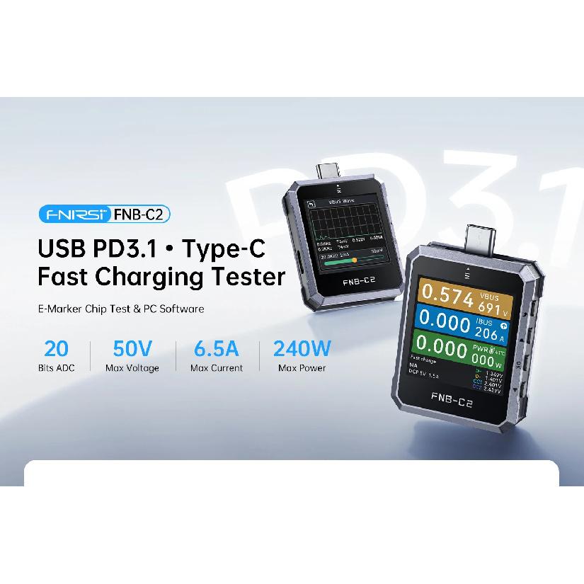 FNIRSI FNB-C2 Digital Voltmeter Ammeter, Type-C Fast Charge Trigger, 240W Max Power Meter, Capacity & Ripple Measurement Tester