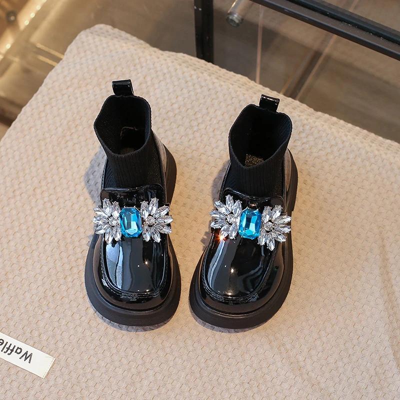 Rhinestone Girls Shoes Children's Leather Boots Autumn Winter Baby Fashion Anti-Slippery Rubber Sole Footwear Zapatos De Niña