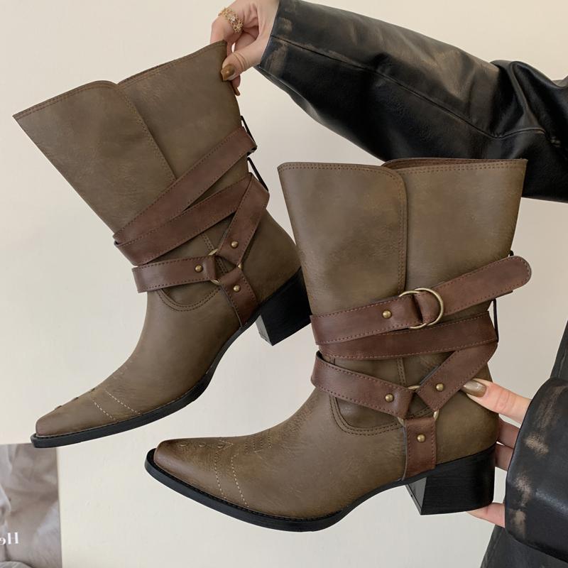 Fashion Sexy Pointed Toe Cowboy Ankle Boots Women Square Heels Goth Short Booties Autumn Winter Street Style Buckle Strap Botas Mujer