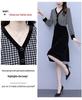 Women's Houndstooth Velvet Patchwork High Waist Midi Dress