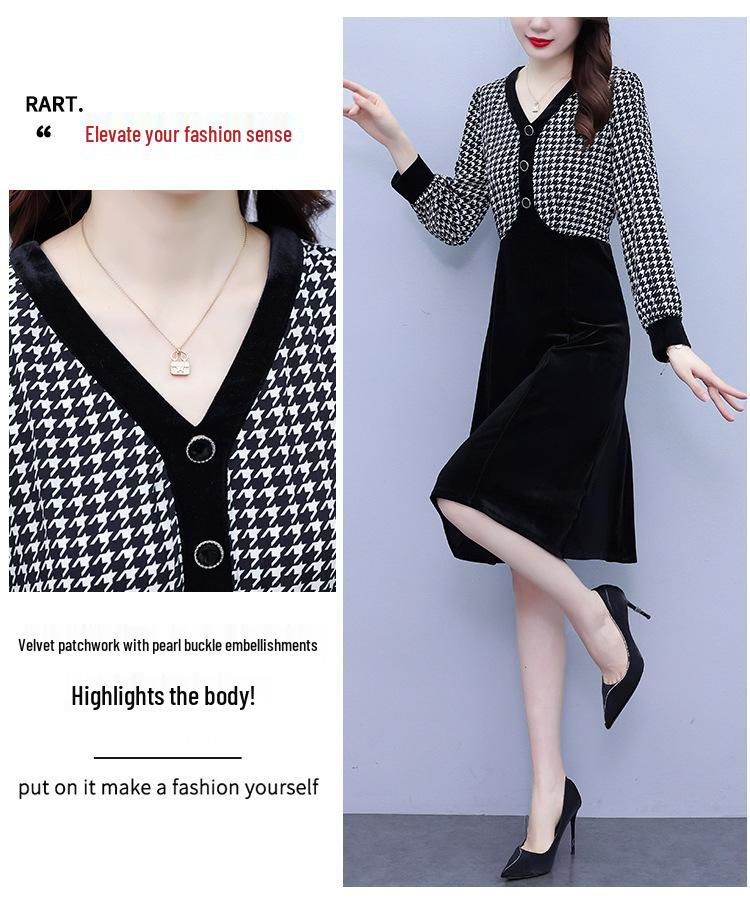 Women's Houndstooth Velvet Patchwork High Waist Midi Dress