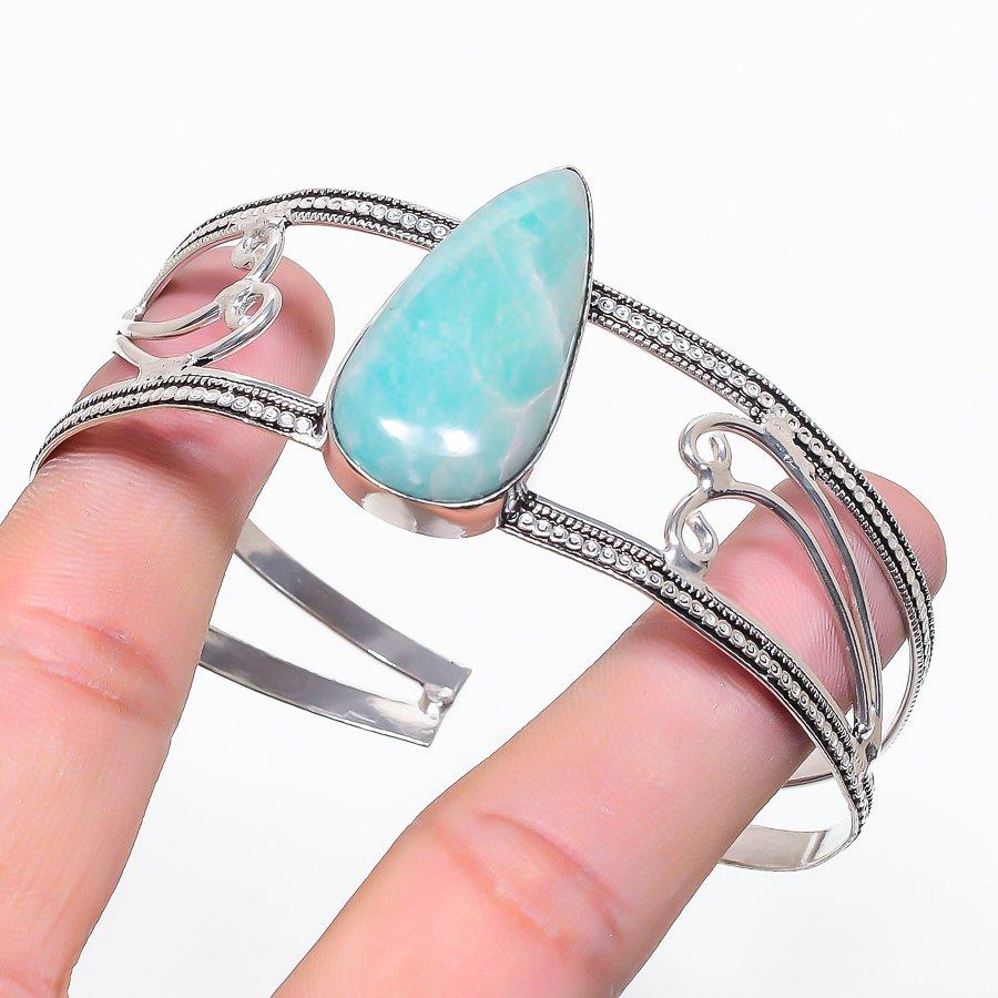 Natural Amazonite Gemstone 925 Sterling Silver Cuff Bangle Adjustable C2d44
