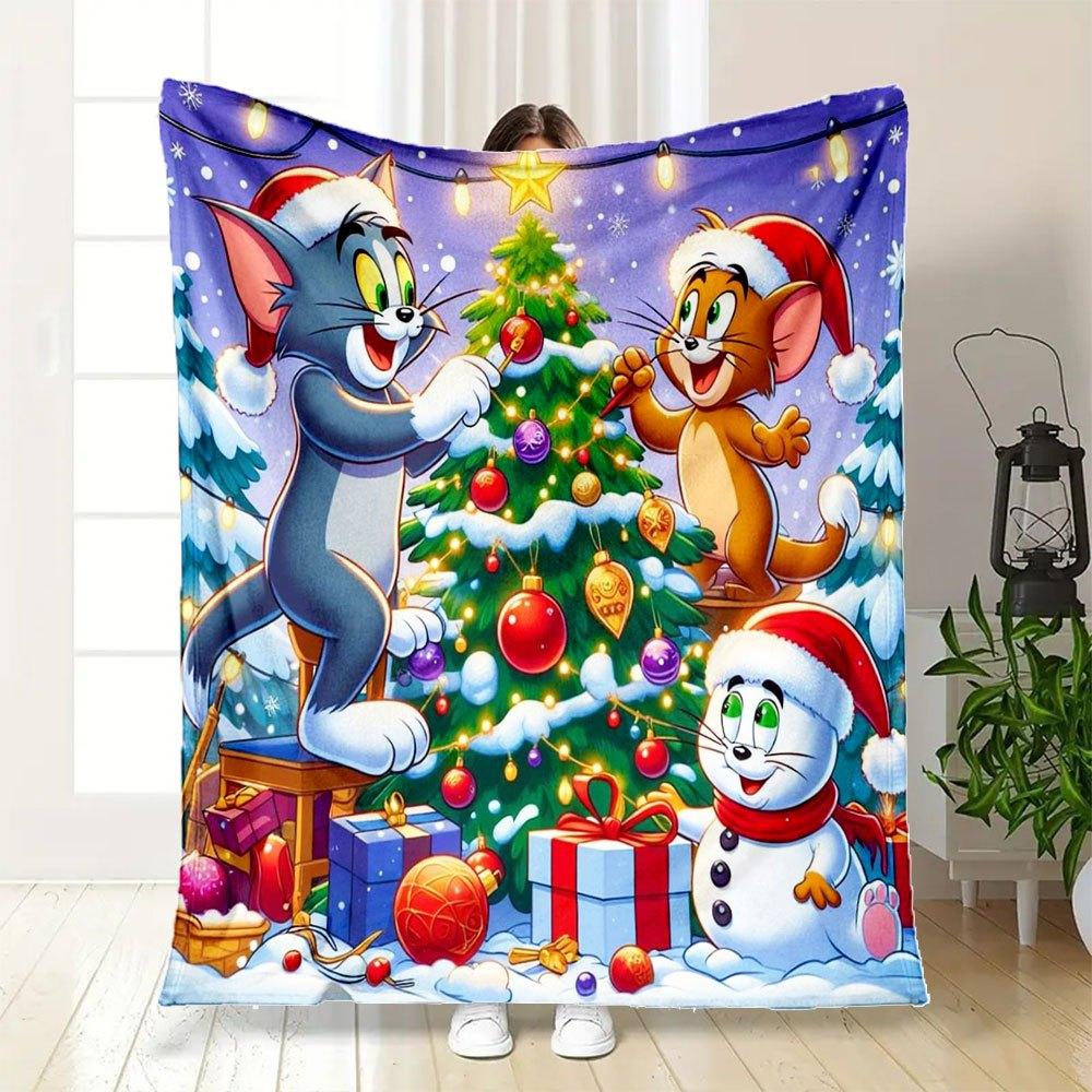 Tom Jerry Christmas Decorations for Kids Room Wall Art PrintBlanket Flannel Throw Blanket for Sofa, Bed, Travel, Camping, Office