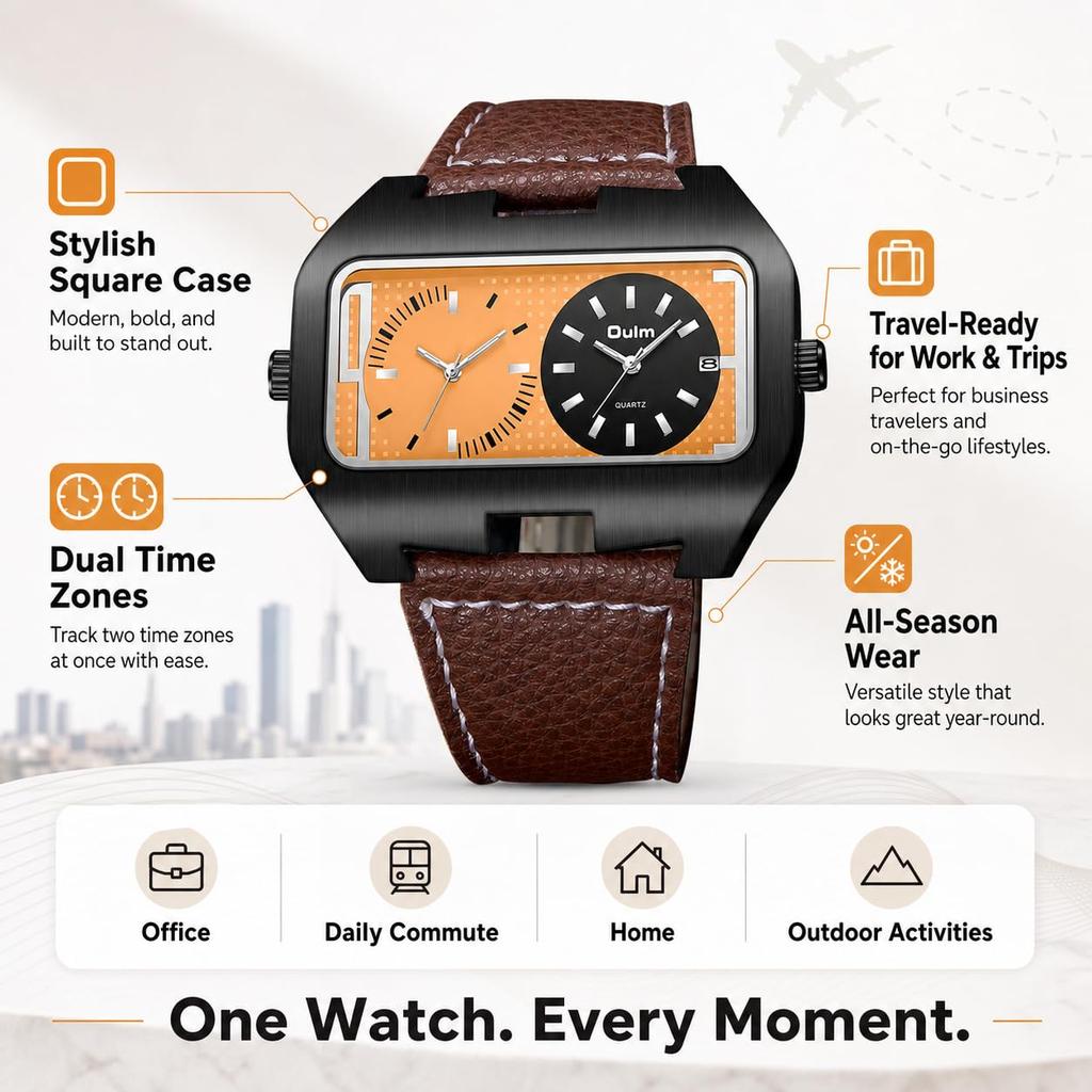 Square Men's Watch, Dual Time, Leather Strap: Waterproof, Calendar, Large Dial, Square Shape