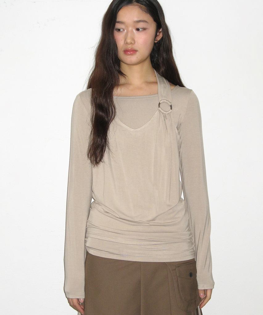 PLACE STUDIO Halter Neck Shirred Strap O-Ring Point Layered Sleeveless T-Shirt Set _3 Colors