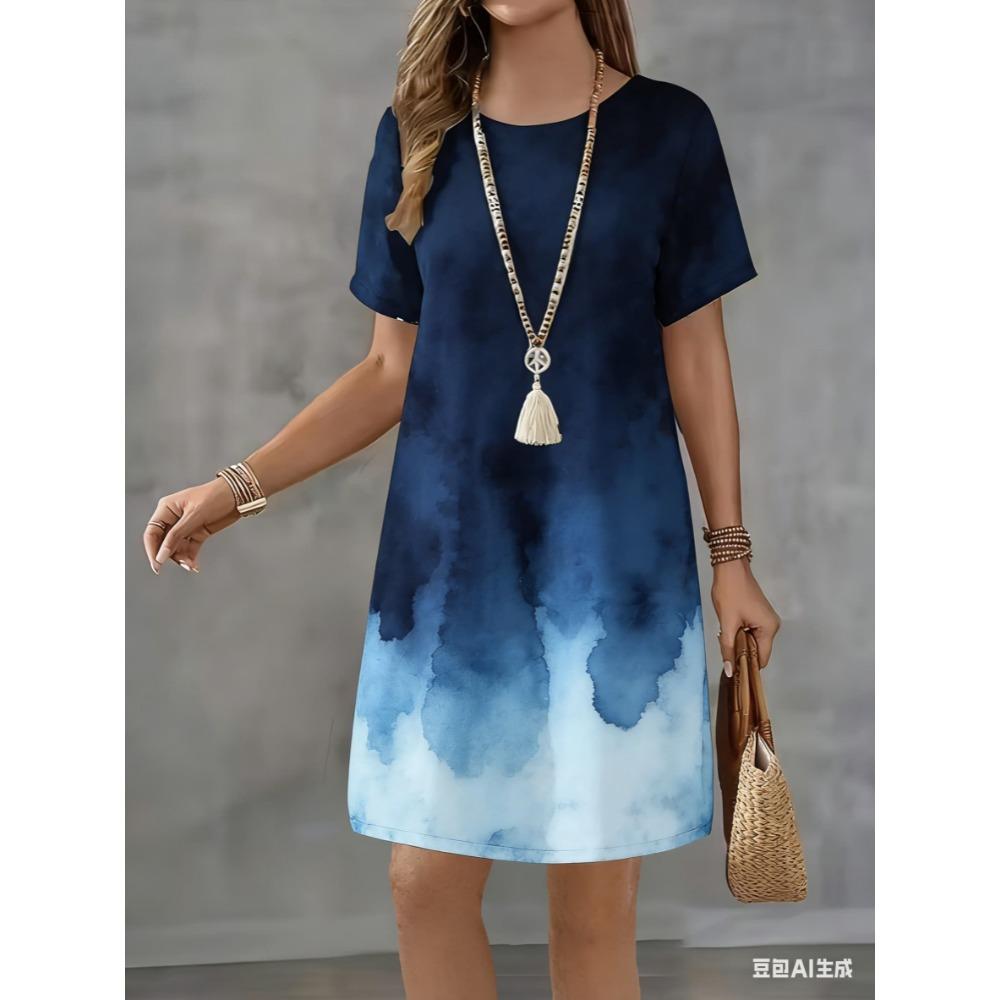 Classic Black and White Gradient Tie-dye Printed Long-sleeved Casual Mini Dress for Large Size Women In Summer, Suitable for Short Sleeves.