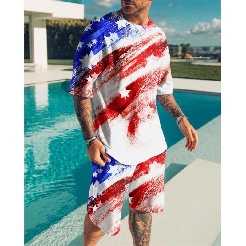 Sommer Lässig Herren T-Shirts Sport 2-teiliges Set Flammen 3D-Druck Locker Mode Trainingsanzug Top Cool Street Herrenbekleidung Anzug