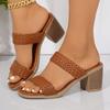 Fashion Casual Slip On Square Toe High Heels Slides Women Ethnic Weave Straps Sandals Women 2025 Summer Bohemia Beach Dress Slippers