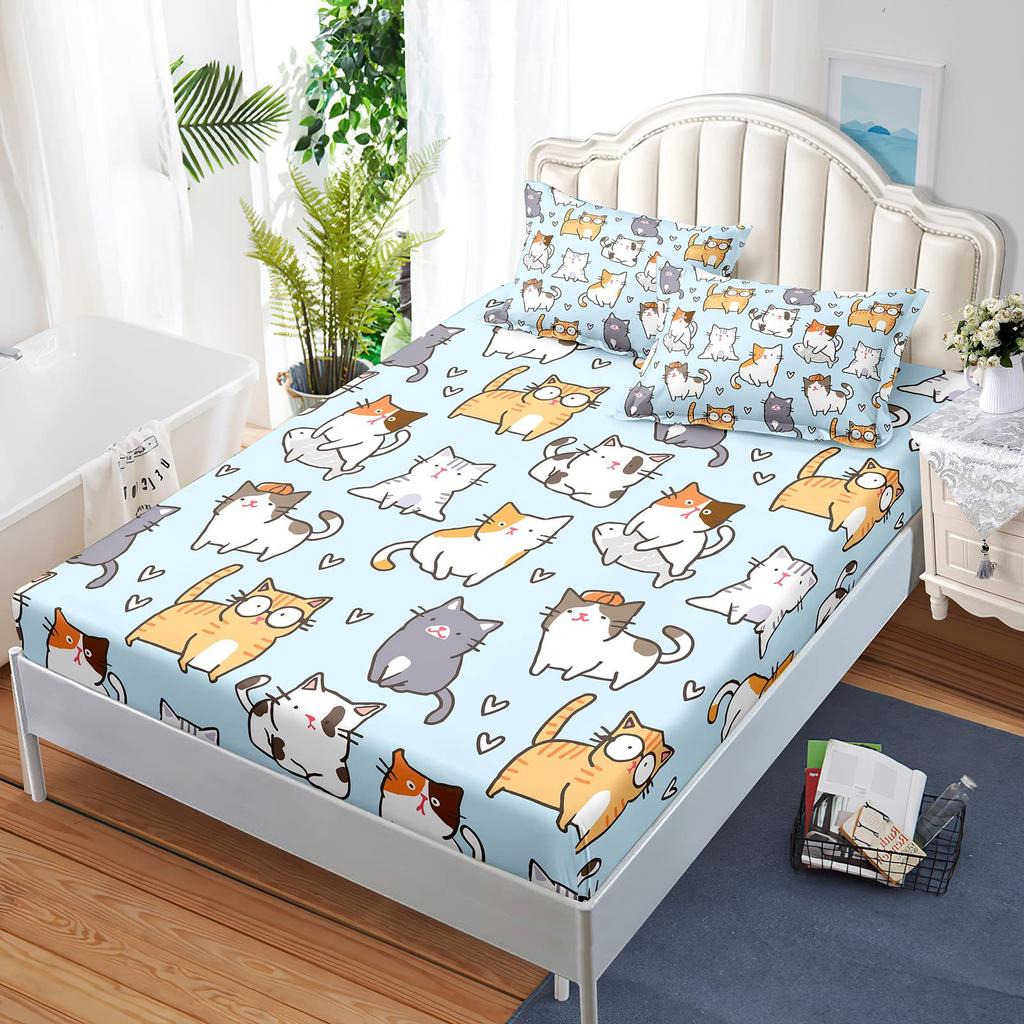 Cute Cartoon Cat Pattern Bed Hat Four-Piece Bedding Set Bedroom Dormitory Bedding Decoration