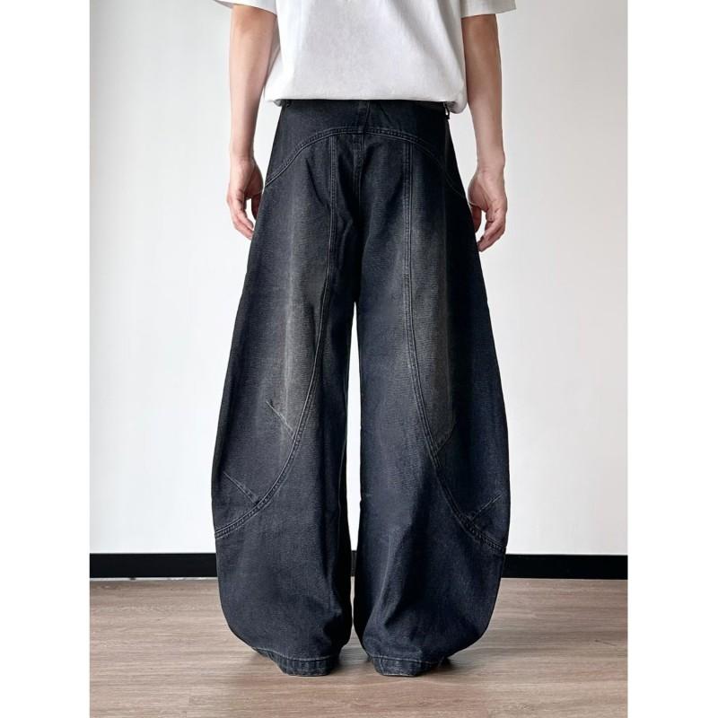 Vintage Washed Deconstructed Cropped Flared Jeans Men Women Relaxed Fit Straight Leg Wide Dragging Pants