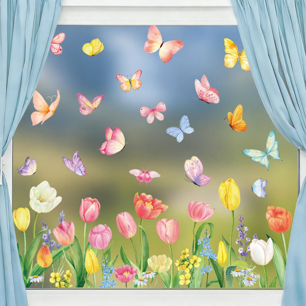 9 Sheets Spring Window Clings Stickers Watercolor Butterfly Floral Window Decals For Holiday Party Home Offices Shop Glass Display Decoration