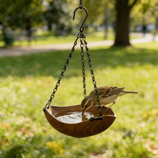 Hanging Bird Bath Wooden Bird Feeder with Chain Outdoor Bird Water Bowl Feeding Tray for Garden Outside Hummingbirds Drinking Bathing