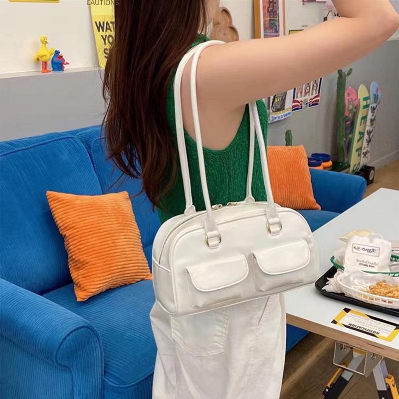 Korean Retro Wax Leather Bowling Shoulder Bag with Multi-Pockets