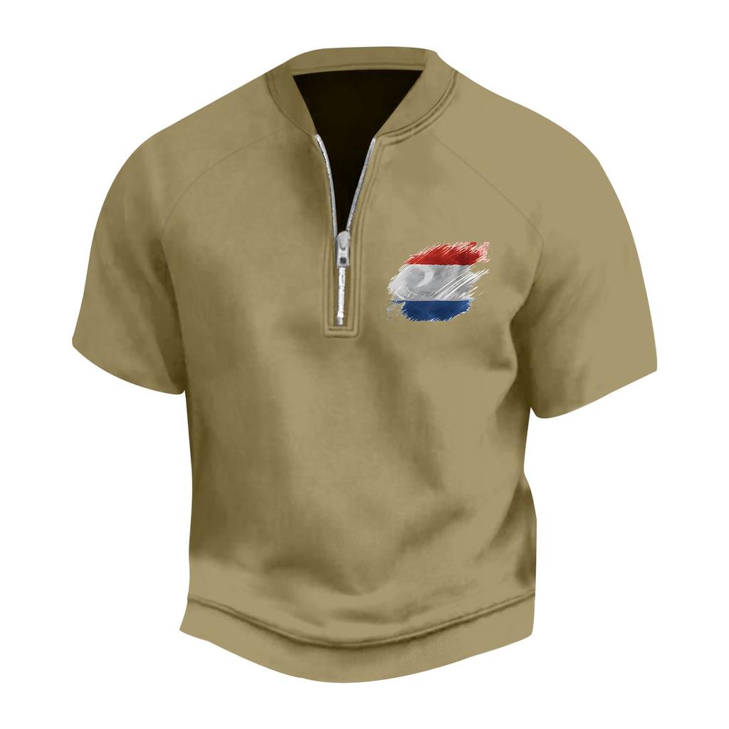 Pánské letní vintage tričko na poloviční zip s potiskem vlajky Dne nezávislosti a krátkým rukávem