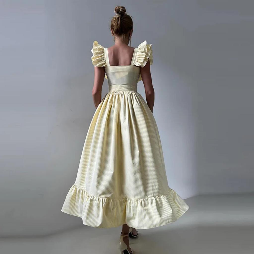 LYRIA Elegant Blue Striped Ruffled Button Long Dress Women Slim Square Neck Sleeveless Party Female Dresses Lady Robe