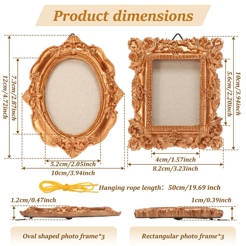 6 Pcs Mini Vintage Picture Frame Wall Hanging Resin Small Photo Frame Ornament Picture Frames with Lanyard for Room Home Decor