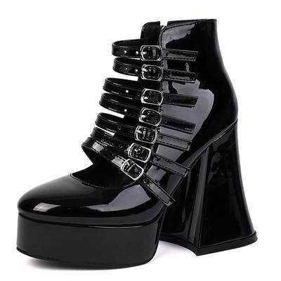 2025 Fashion Design Pumps Women Round Toe 12cm Block Heel 3cm Platform Zipper Belt Buckles Shiny Party Shoes 41 42 43