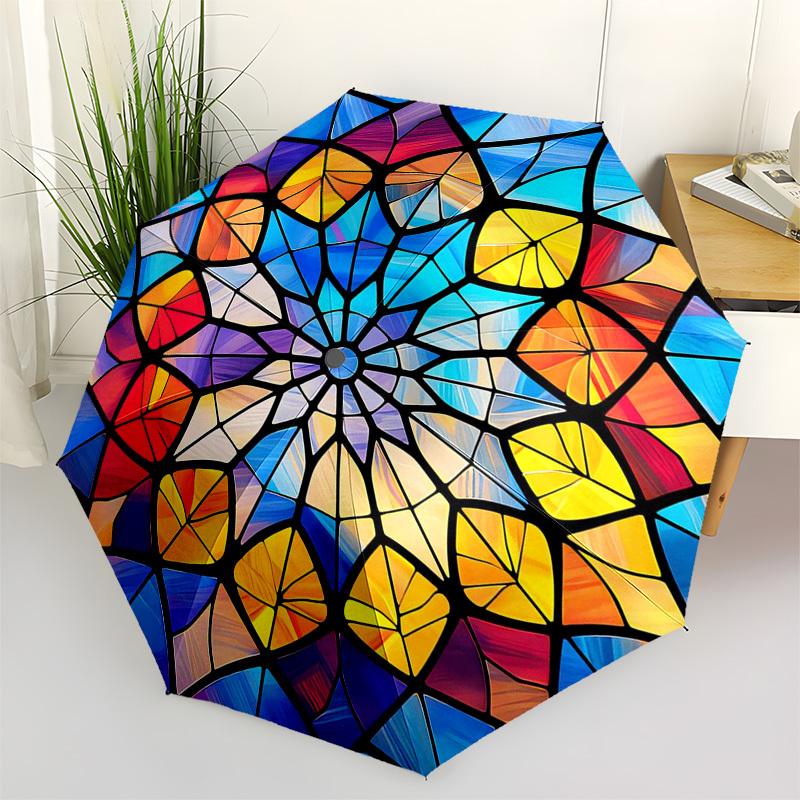 1pc Stained Glass Mandala Design Automatic Folding Umbrella - Portable 3-Fold Design, 8-Bone Iron Frame Outdoor Umbrella, Perfect Festival Gift for Fa