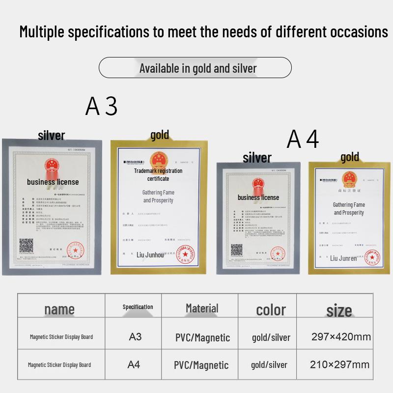 Magnetic Display Board: A3/A4 Business License Protective Cover, Instant-Stick Sign A4 Gold