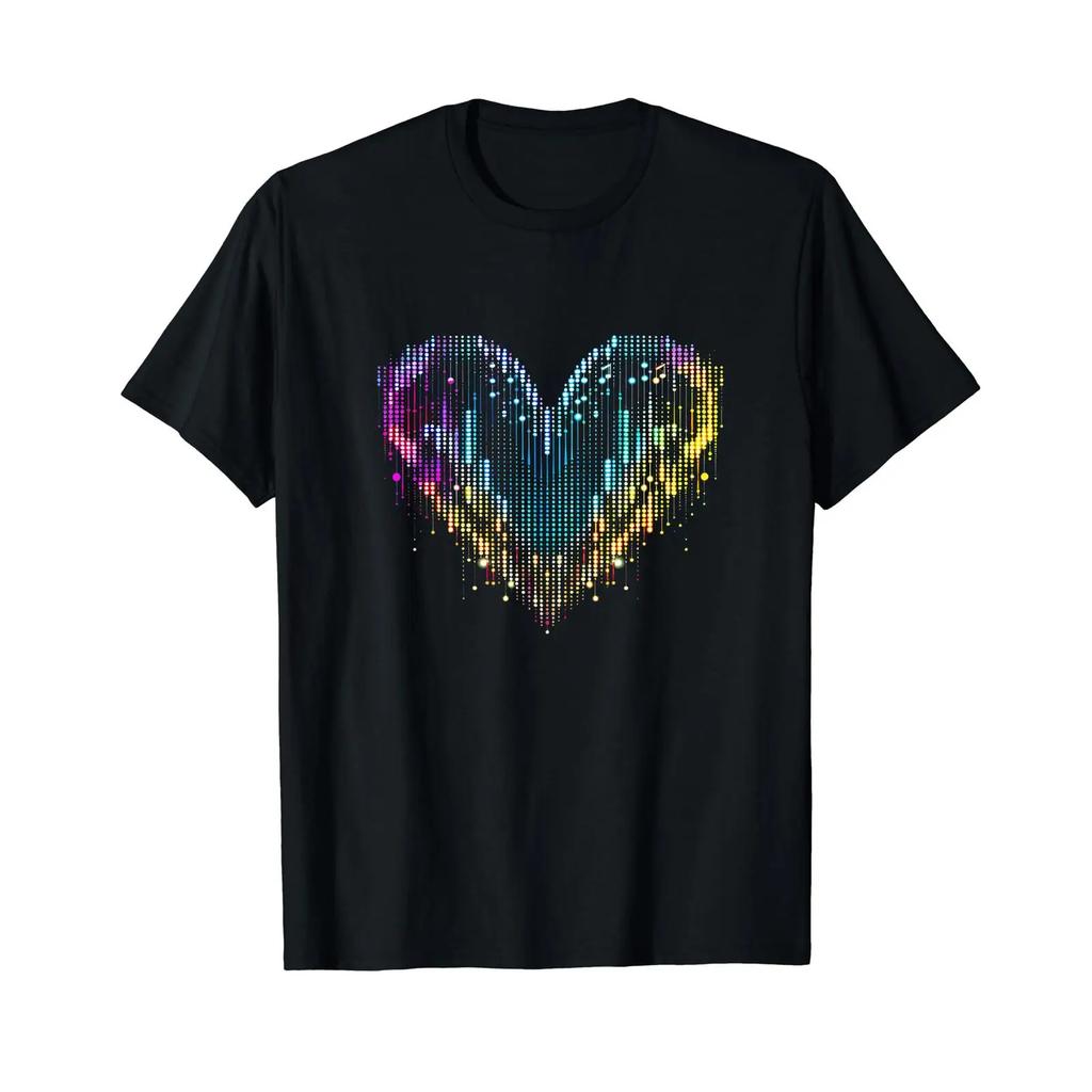 Colourful Music Equalizer Heart Electronic Dance T Shirt Black Vintage Washed Casual Streetwear Top For Everyday Wear Homme
